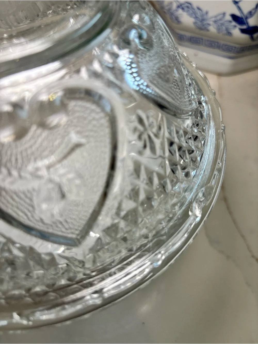KIG Glass Candy Dish with Lid Clear Pressed Hearts Roses Shabby Chic Bowl VTG